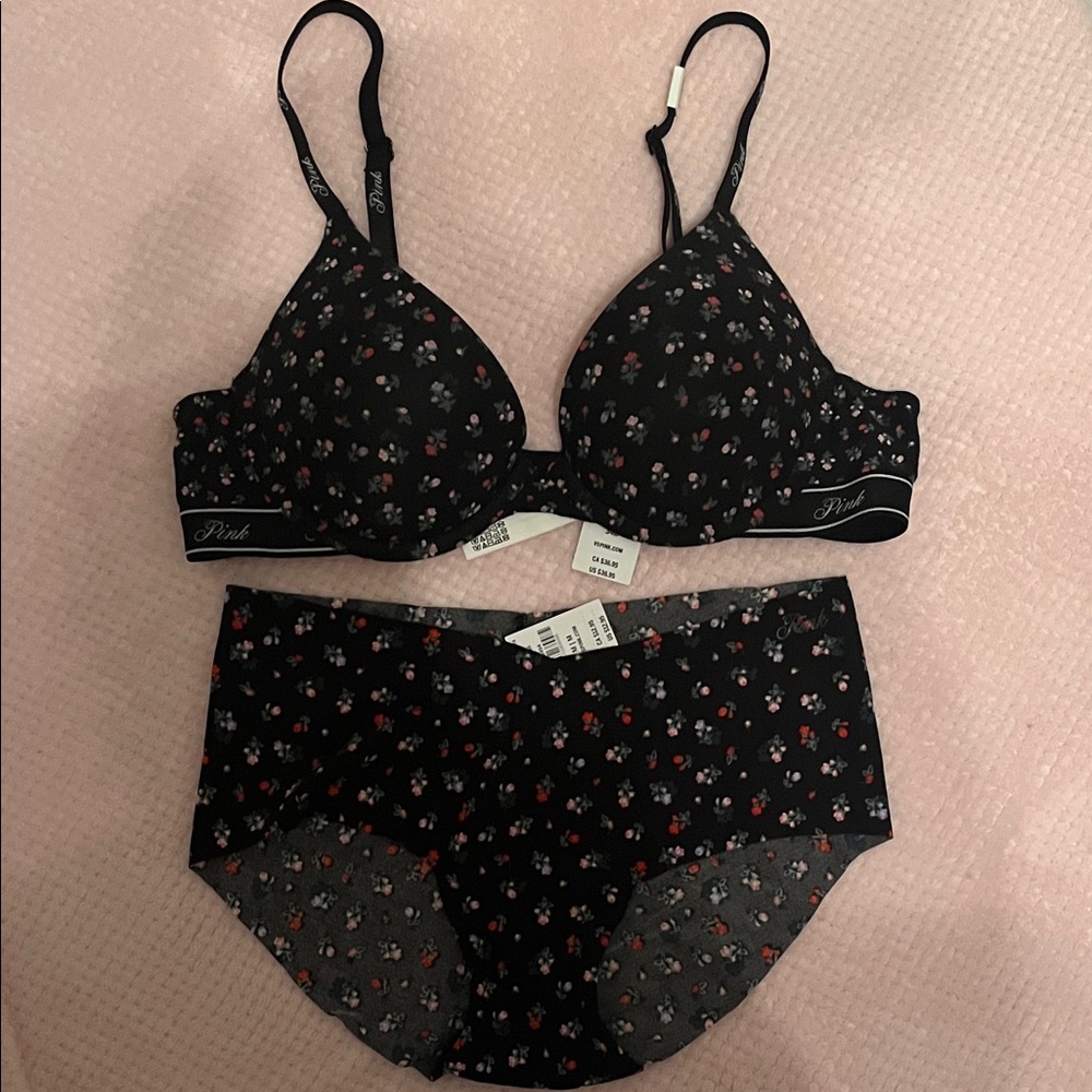 PINK Victoria's Secret Black Floral Bra Set